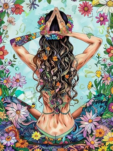 Bimkole DIY 5D Diamond Painting Kits Zubehör Rückansicht Yoga-Frau, Blume Diamant Malerei Kit Voll Runde Bohrer Malen nach Zahlen Malerei Stickerei Kreuzstich Diamond Dekoration 30x40cm