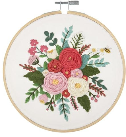 Trimits Embroidery Kits - 15cm 6 Embroidery Beginners Kit, Cross Stitch Kits for Adults, Starter Set with Bamboo Hoop, Fabric, Threads, Needle & Backing - Rose