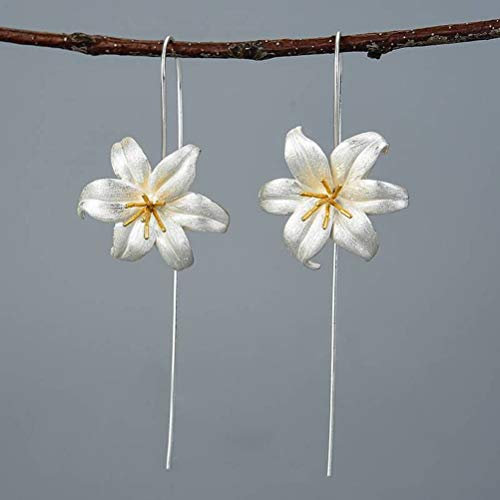 Boucles d'oreilles pour Femmes, Boucles d'oreilles en Forme de Fleur de lys de Chinois, Boucles d'oreilles en Argent Sterling S925 au Design Naturel pour Femmes