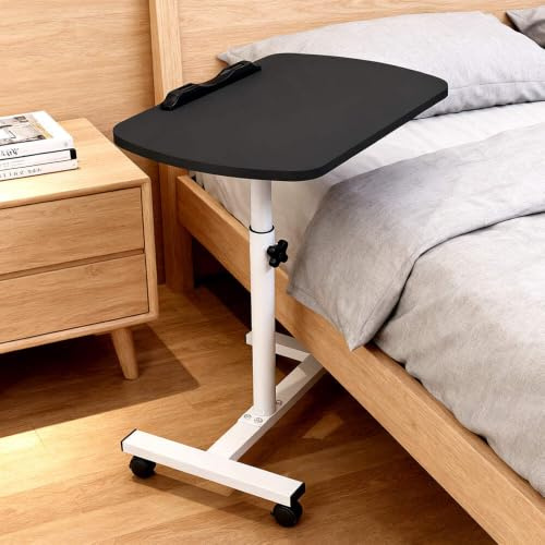 Overbed Table Adjustable Tilting Bedside Tray with Wheels Black 55cm | Tilting tabletop with raised edge, supports laptops, books and meals, suitable for bedroom, home or care settings