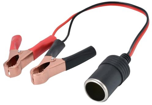 12V/24V Car Battery Crocodile Clips with Cigarette Lighter Adapter Socket, 30CM/11.8IN Lead, 10A Fuse, LED Light ，Durable 18AWG Cable for Vehicles, Campers, Boats, Tractors