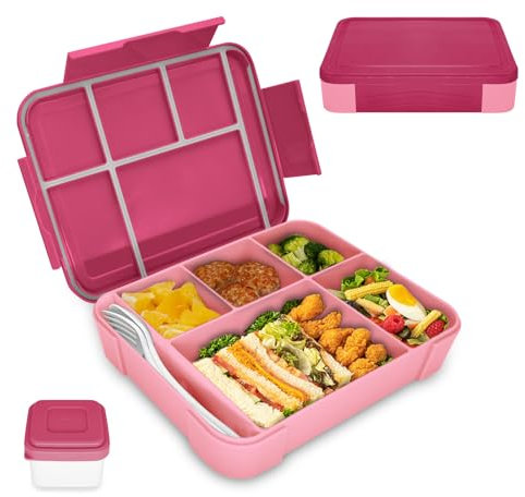 XJIANFU Brotdose Kinder mit Fächern,1300ml Auslaufsichere Bento-Box, Kinder-Lunchbox,Auslaufsicher Fächern,Jausenbox Brotbox für,Mädchen & Jungen,Mikrowelle/spülmaschinenfest (1300ML/Pink)