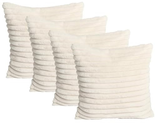 OHS Faux Fur Rib Cushion Covers, Sofa Seat Cushions Home Decor Sofa Bedroom Living Room Lounger Throw Pillow Covers for Cushion Inserts - Pack of 4, Natural Beige