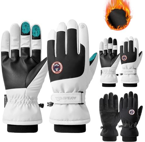EOAMGO Skihandschuhe Herren Damen,Ski Snowboard Touchscreen Handschuhe, Fahrradhandschuhe Herren Frauen Winter,Freezer Thermo Alpin Handschuhe Extra Warm Wasserdicht (Weiß, L)