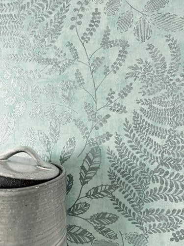 NEWROOM Tapete Türkis Vliestapete Zweige - Mustertapete Modern Silber Blätter Leicht glänzend Blumentapete Floral Naturzweige Äste inkl. Tapezier-Ratgeber