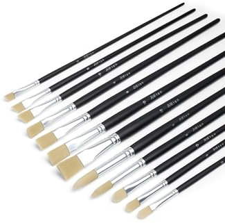 Elan Lot de Pinceaux Peinture, 12 PCS Manche Long, Poils Synthétiques Imitation Soie de Porc, Langue de Chat, Plats, Ronds pour Peinture à l'huile