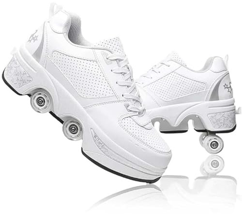 Roller Skates Roller Skate Shoes for Boys Girls Wheeled Shoes Roller Shoes Outdoor Retractable 4 Wheels Skateboard Sneakers Shoes With Wheels for Men and Women White Silver