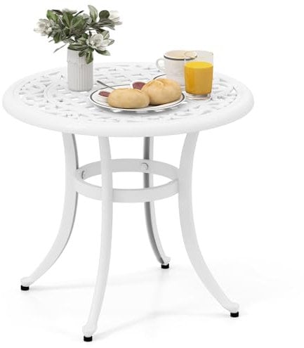 GOPLUS Beistelltisch rund, Ø60cm Gartentisch Metall mit Ausschnittmuster, Balkontisch klein wetterfest, Bistrotisch Kaffeetisch Terrassentisch, Esstisch Outdoor für Balkon Garten Terrasse (Weiß)