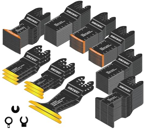 AMZWEI 118PCS Oscillating Tool Blades Metal Wood Cutting, Professional Curved Edge Oscillating Saw Blades with Titanium Multitool Blades, Compatible with Dewalt Milwaukee Ryobi Rockwell Fein | Professional Curved Edge Titanium Multitool Blades, Compatible with Dewalt Milwaukee Ryobi Rockwell Fein