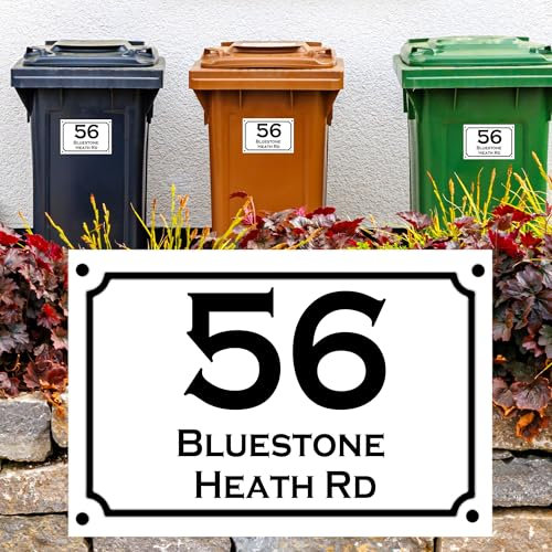 4 x Personalised Wheelie Bin Stickers Bin | Numbers for Wheelie Bins | Custom Wheelies Bins Numbers & Road Name| Number Sticker with House Name/Number & Street Name (Design 1)
