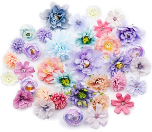 35 Stück Kunstblumen Blumenköpfe Basteln 4-8cm Fake Künstliche Blumen | Artificial Flowers Streudeko Blumen Mini Seidenblumen, für Kuchendekoration, Hochzeit, Zuhause, DIY-Basteln, Scrapbooking