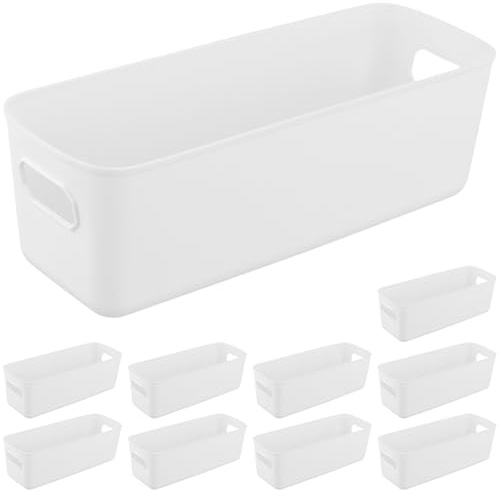 PINGEUI 10 Pack White Plastic Storage Basket with Handle, Narrow Cupboard Storage Boxes, Rectangular Organiser Boxes for Bathroom kitchen Office, 28 x 10 x 9.5 cm