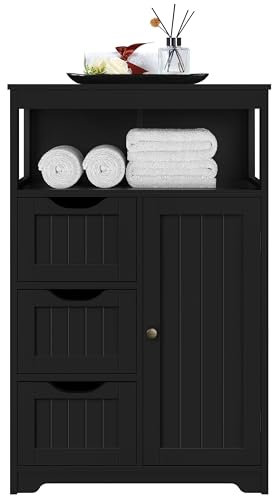Yaheetech Bathroom Floor Cabinet, Storage Organizer with Open Storage Shelf, Free-standing Floor Cabinets with 3 Drawers and 1 Door, Adjustable Shelf for Living Room/Kitchen/Entryway Black