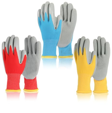 3 Paar Arbeitshandschuhe mit natürlicher Latexschicht und dehnbarem Gewebe, Schutzhandschuhe mit Handflächenbe schichtung, Gummibeschichtete Arbeitshandschuhe, 3 Farben，Geeignet für 3-5 Jahre,17cm