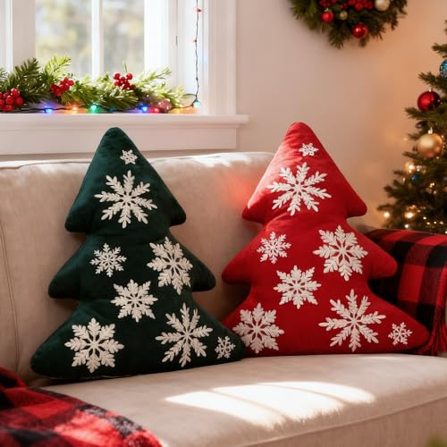 Lanpn 2 Stück Weihnachtsbaum Kissen Weihnachtskissen, Schneeflocke Weihnachts Kissen Dekokissen Flauschiges Zierkissen für Party Bett Sofa Couch Weihnachtsdeko (Grün & Rot, 40,5x45cm)