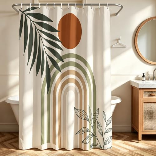 Lerores Duschvorhang 180x200 cm Runder Grünblattbogen, Beschwerter Saum Antischimmel, Wasserabweisend, Waschbar Polyester Badevorhänge mit 12 Ösen und Duschvorhangringen für Badezimmer, Badewanne