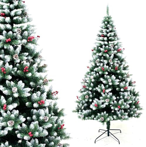 BAKAJI Albero di Natale Innevato Super Folto, Molto Pieno, 800 Rami Pino Floccato, Decorazione Natalizia con Bacche Addobbo Altissima Qualità, Apertura Ombrello, Foltissimo (180 cm Mingerl)