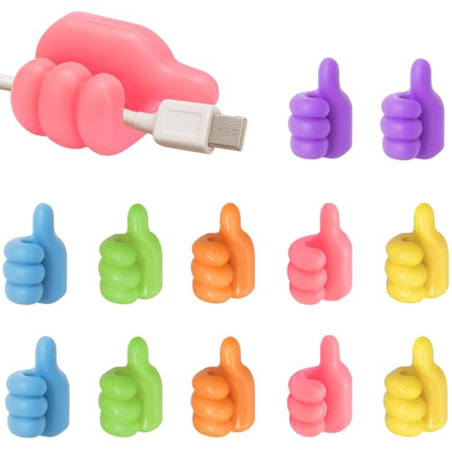 12-Pack Silicone Thumb Cable Clips, Fun Cord Holders & Wall Hooks for Desk, Car, or Home — Multi-Purpose Wire Organizer, Key & Charger Management Solution
