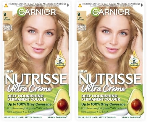 Garnier Nutrisse Permanent Hair Dye, Natural-looking, hair colour result, For All Hair Types, 9 Light Blonde (Packaging may vary) (Pack of 2)