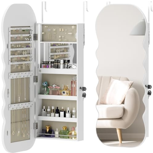 HOMCOM Espejo Joyero con Luz LED de 3 Colores para Pared o Puerta Blanco