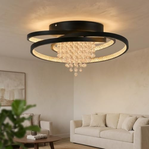 ZMH Deckenlampe Kristall LED Deckenleuchte Wohnzimmer Morden Schwarz | Wohnzimmerlampe 40W 3000K Warmweiß Licht Schlafzimmerlampe Groß Kristalleffekt Design Schlafzimmer Lampe Decke Esszimmer