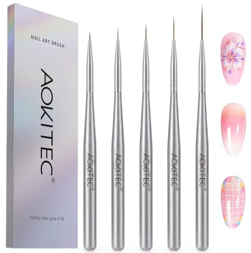Aokitec 5 Pcs Fine Detail Nail Art Liner Brush Set (6/9/12/15/25mm) | Salon-grade manicure tools for UV gel polish DIY. Perfect for drawing thin lines, French tips & striping