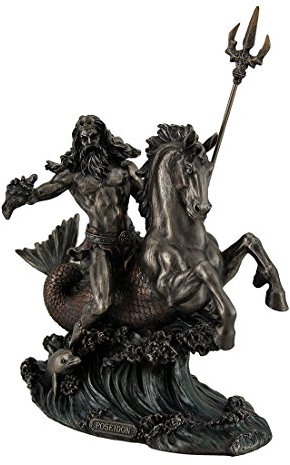 Poseidon Griechischer Gott des Meeres Trident Halt auf braunen Statue, Hippocampus