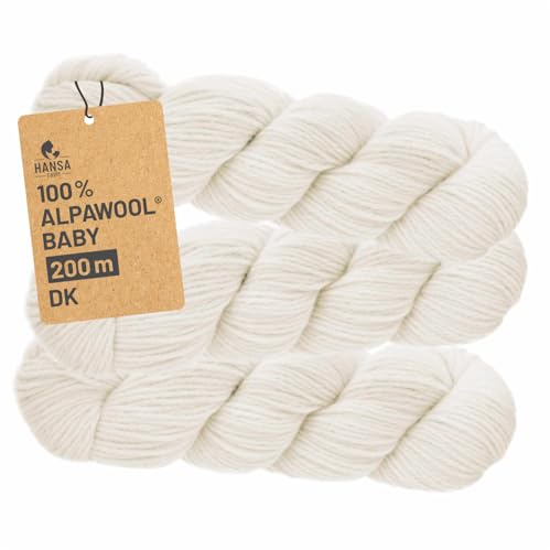 HANSA-FARM | 100% Baby Alpakawolle in 50+ Farben (kratzfrei) - 300g Set (3 x 100g Zopf) - weiche Alpaka Wolle zum Stricken & Häkeln in 6 Garnstärken by Hansa-Farm - Natur (Weiß/Wollweiß)