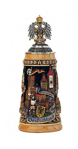 Zöller & Born Bierkrug Panorama Deutschland, gelb bemalt, mit Zinnspitzdeckel und Zinn-Adler, Seidel 0,5 Liter Bierseidel