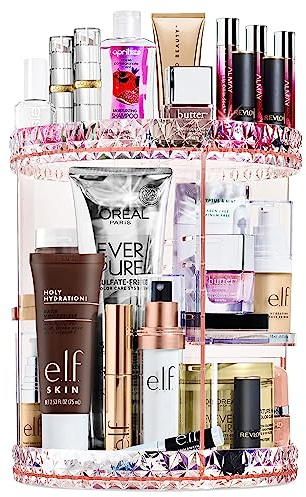 Sorbus Rotating Makeup Organizer, 360° Rotating Adjustable Carousel Storage for Cosmetics, Toiletries, and More — Great for Vanity, Bathroom, Bedroom, Closet, Kitchen (Pink)