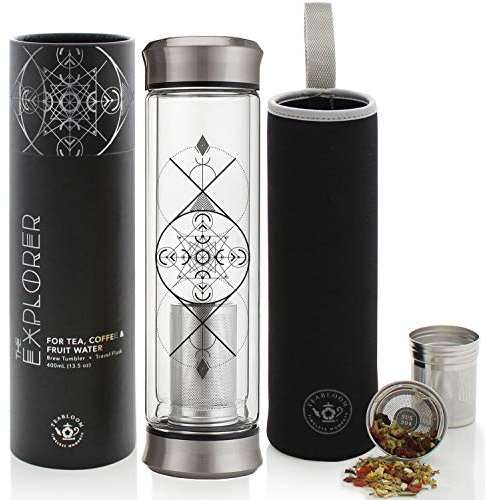 Teabloom Becher für alle Getränke – 0,4 l – Doppelwandiges Isolierglas Reiseflasche – Heißer Tee & Kalter Kaffee Thermosflasche – Isolierte Wasserflasche – Abnehmbare Hülse
