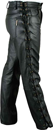 Fuente Schnürlederhose mit seitlich Schnürung- Biker Lederhose Herren Damen Bikerjeans -Schnür Lederjeans Motorrad Schnürjeans Schnürhose aus Rind Mild echt Leder Schwarz