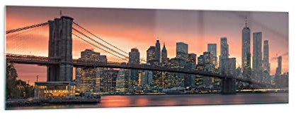 Panorama Bilder auf Glas 160x50cm Glasbild New York Brücke Nacht Groß XXL Wanddeko Bild im Glas Schlafzimmer Küche Wandbilder Dekoration Wohnzimmer Modern Wall Decor Wand Kunstdruck Art GAB160x50-4048