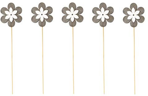 DARO DEKO Blumen-Stecker Blume grau weiß mit Holzstab 5 Stück