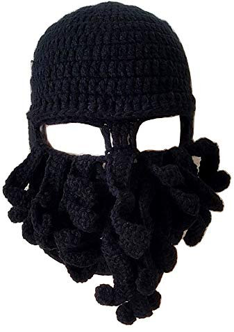 YEKEYI Lustige Ritterhelm Beanie mit Bart Mütze Handgemachte Strickmütze Winter Dicke Kappe Oktopus Hut Halloween Cosplay Skimaske, Schwarz , Einheitsgröße