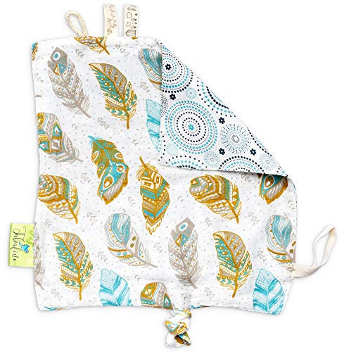 Tabalino® Schmusetuch - Schnuffeltuch Baby zum Kuscheln und Einschlafen, Größe etwa 28x28cm, Geschenk zur Geburt, Schnullertuch Junge & Mädchen, Kuscheltuch (Federn & Kreise)