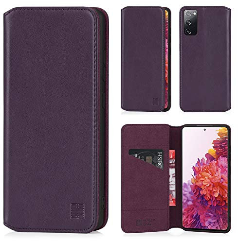 32nd Classic Series 2.0 - Real Leather Book Wallet Flip Case Cover For Samsung Galaxy S20 FE 5G (Fan Edition), Real Leather Design With Card Slot, Magnetic Closure and Built In Stand - Aubergine