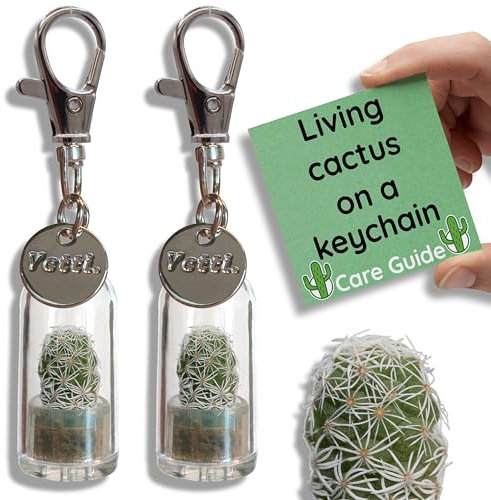Yetti | Mini Cactus Gift Keyring - Living Plant on a Keychain (Ghost - Set of 2) | Tiny Plant Gift for Cactus Lovers, Plant Keyring Keychain