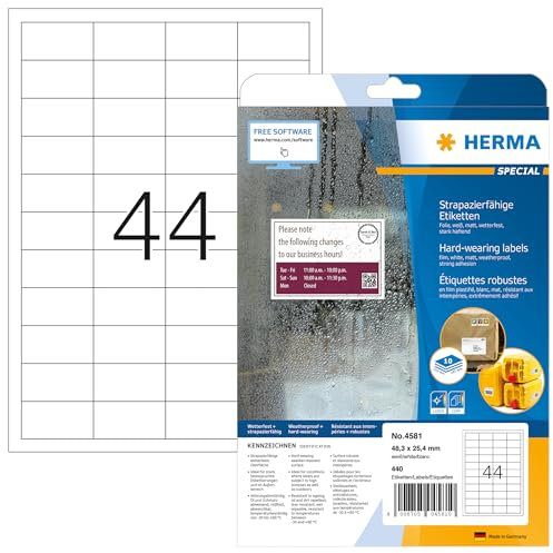 HERMA 4581 Wetterfeste Folienetiketten, 320 Blatt, 48,3 x 25,4 mm, 44 pro A4 Bogen, 14080 Stück, selbstklebend, bedruckbar, matt, blanko Klebeetiketten Aufkleber aus Folie, weiß