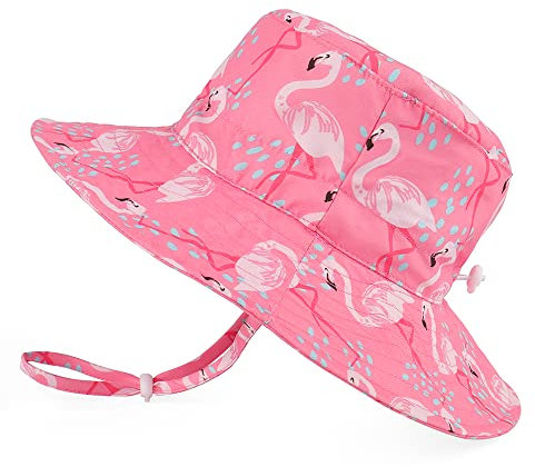 LACOFIA Chapeau de Soleil Bob Réglable pour Bébé Bonnet d'été pour Enfant Fille Bord Large pour Piscine/Plage/Natation/Extérieure Flamant Rose 6-24 Mois