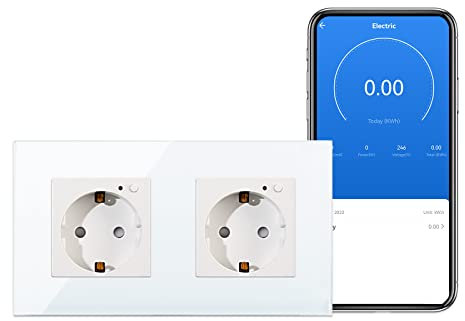 CNBINGO WLAN Schuko Steckdose unterputz mit Strommessung, 16 Amp Glas Smart Steckdose Arbeit mit Alexa(Echo, Echo Dot), Google Assistant, Nur 2.4 GHz WiFi, 2 Fach, Weiß, 1er Pack