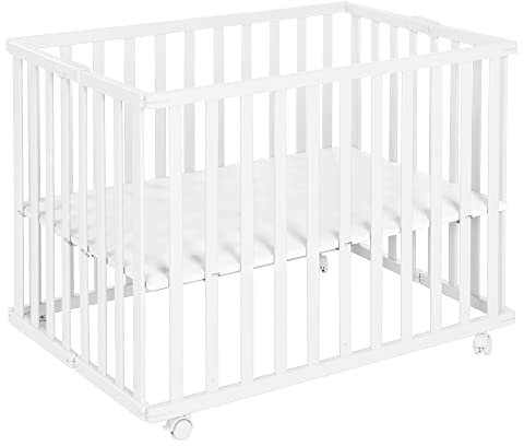 roba Laufgitter klappbar 75 x 100 cm - Platzsparender und faltbarer Baby Laufstall - Mobiles Krabbelgitter inkl. Rollen - 2-fach höhenverstellbar - Holz weiß