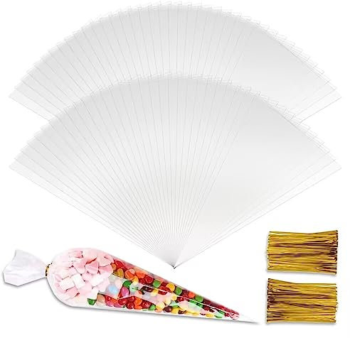 100pcs Sachet Cône Transparent Bonbons Sacs Cellophane Plastique avec Liens Torsadés Sachet Pop Corn Friandises Pochette avec Ruban pour Bonbons Cadeau Fête Party Mariage Anniversaire 13x25cm