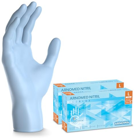 ARNOMED gants jetables bleu clair, gants nitrile taille L, 200 pcs gant jetable (2 boîtes), gants en nitrile non poudrés & sans latex, gants jetable cuisine, gants a usage unique XS, S, M, L & XL
