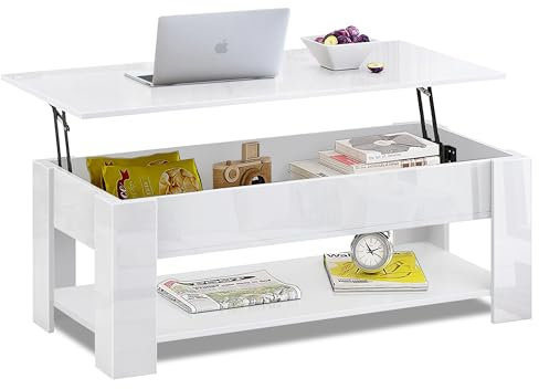 Blisswood High Gloss Coffee Table With Storage, Lift Up Coffee Table For Living Room, Wooden Coffee Tables With 1 Shelf Large Hidden Storage Rectangular Lift-Top Sofa End Tea Table, White
