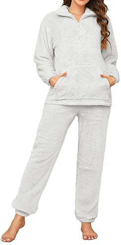 Tuopuda Pigiama Donna Invernale Pigiami Due Pezzi, Pigiama Pile da Casa con Tasche Zip Felpa Manica Lunga e Pantalone Lungo, Indumenti da Notte Sleepwear, Grigio Chiaro, XXL