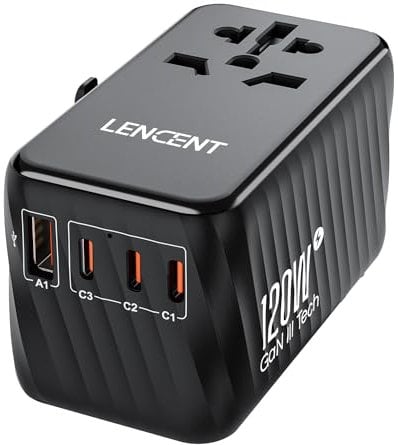 LENCENT Internationaler Reiseadapter, 120W GaN3 Universeller Adapter mit 3 PD3.0 Type C+1 QC USB A, Weltweit Adapter für Handys, All in One Reisestecker für EU/USA/UK/AU Steckdosen, Schwarz