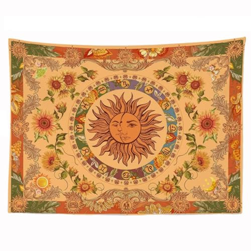 Ulticool - Sonne Mandala Blumen Mond Natur Retro - Wandteppich - 200x150 cm - Großer Wandteppich - Poster - Ocker Gelb Orange Grün