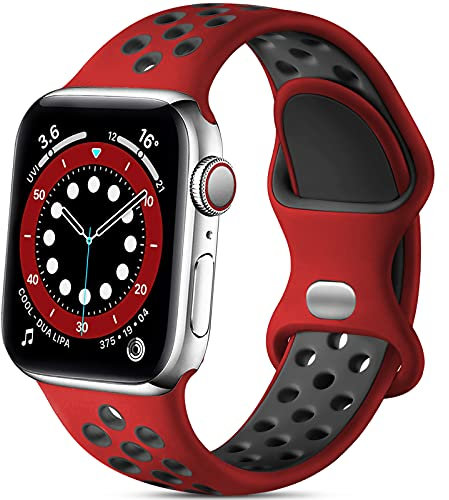 Epova Correa Deporte Compatible con Apple Watch 42mm 44mm 45mm 46mm 49mm, Mujeres Hombres Pulsera de Silicona Transpirable para iWatch SE Series 10 9 8 7 6 5 4 3 2 1,Rojo/Negro, Pequeño