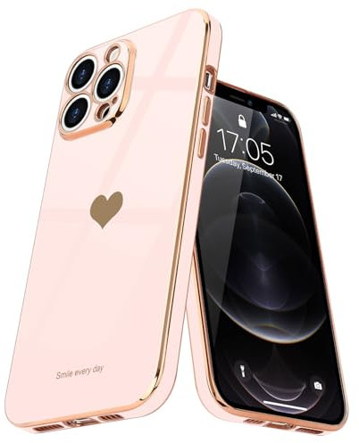 Teageo for iPhone 12 Pro Max Case Cute Heart Pattern for Women Girls Slim Luxury Bling Plating Soft TPU Anti-Scratch Shockproof Bumper Phone Case for iPhone 12 Pro Max, Light Pink